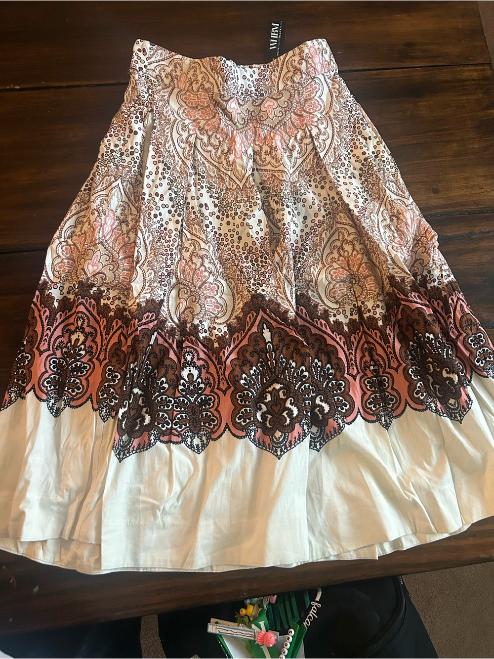 White House Black Market Ivory and Coral-Accent A-Line Midi Skirt